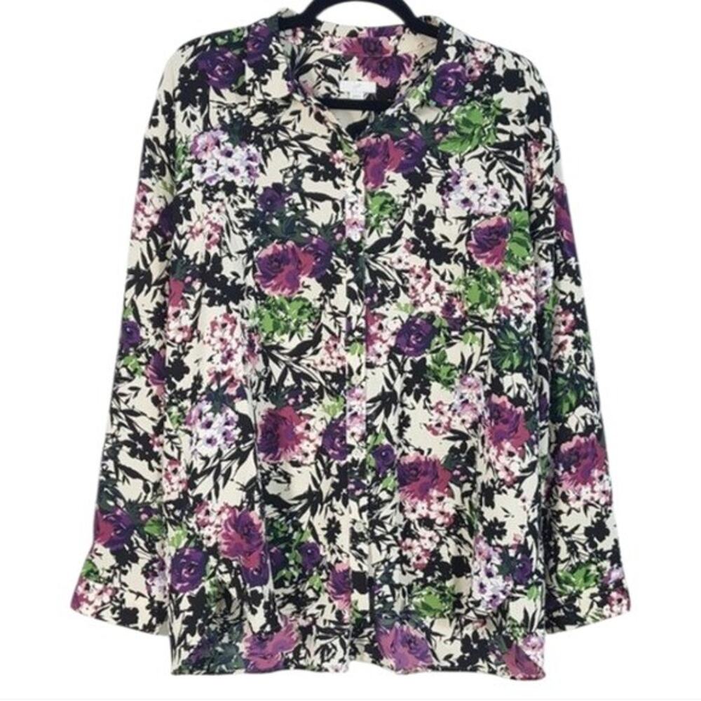 J. Jill Floral Print Button Down Shirt Long Sleeve Purple Green Beige Top Small